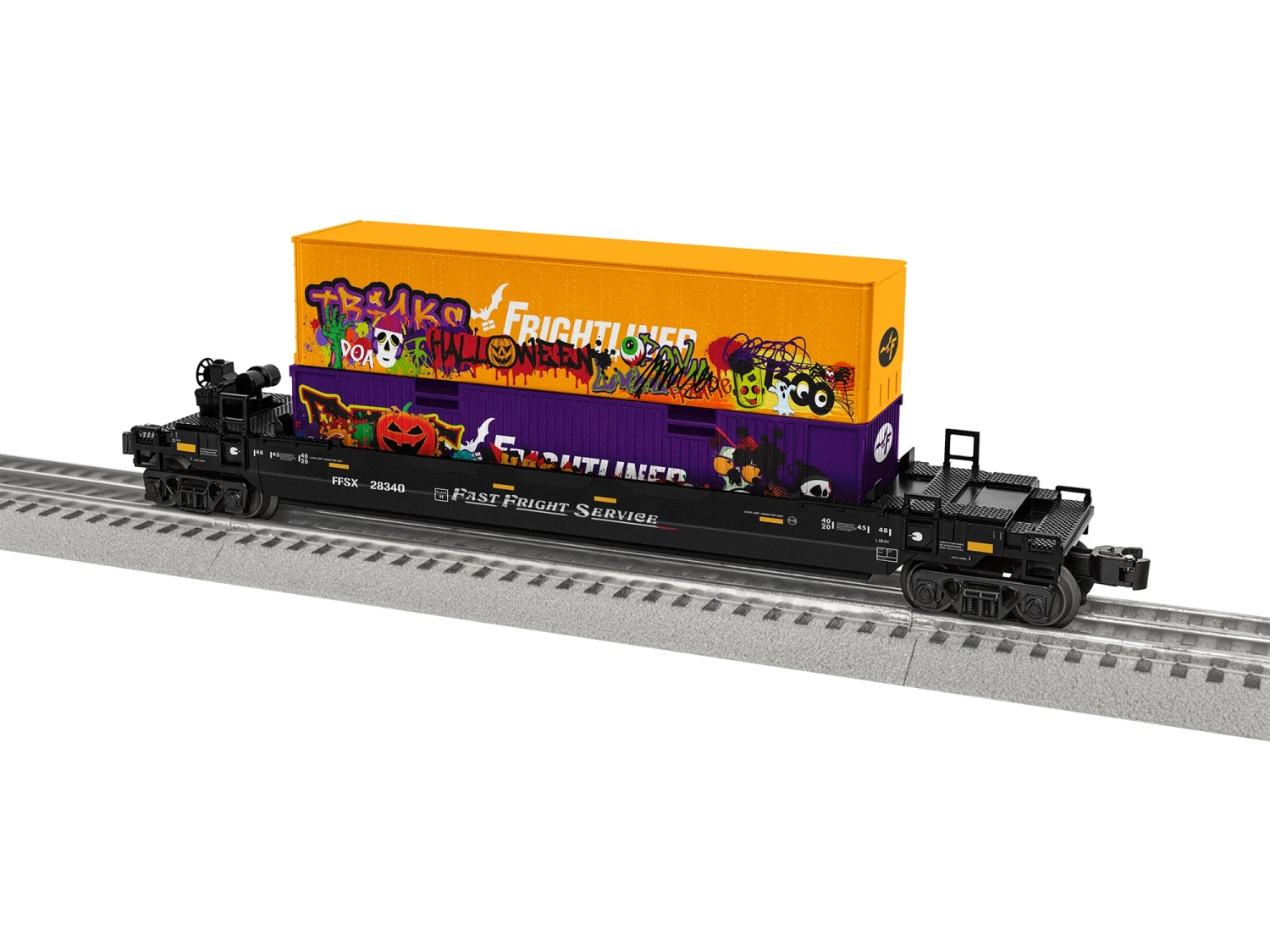 Lionel 2328340 O Gauge Halloween Graffiti Max-Stack Well Car With Container Load 1 Lionel 2328340 O Gauge Halloween Graffiti Max-Stack Well Car With Container Load