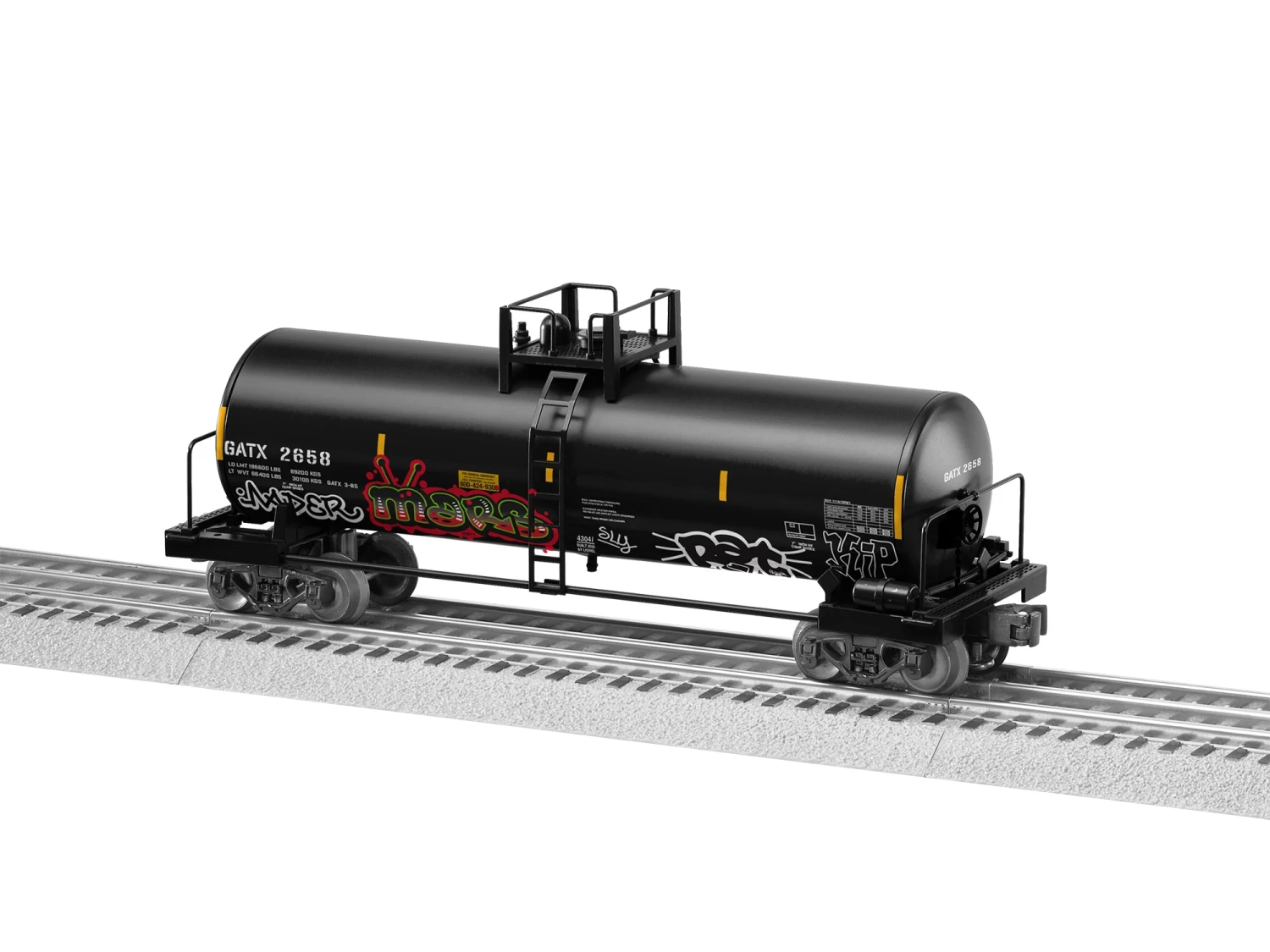 Lionel 2343041 Standard O Gauge Unibody Tank Car With Graffiti GATX 2658 1 Lionel 2343041 Standard O Gauge Unibody Tank Car With Graffiti GATX 2658