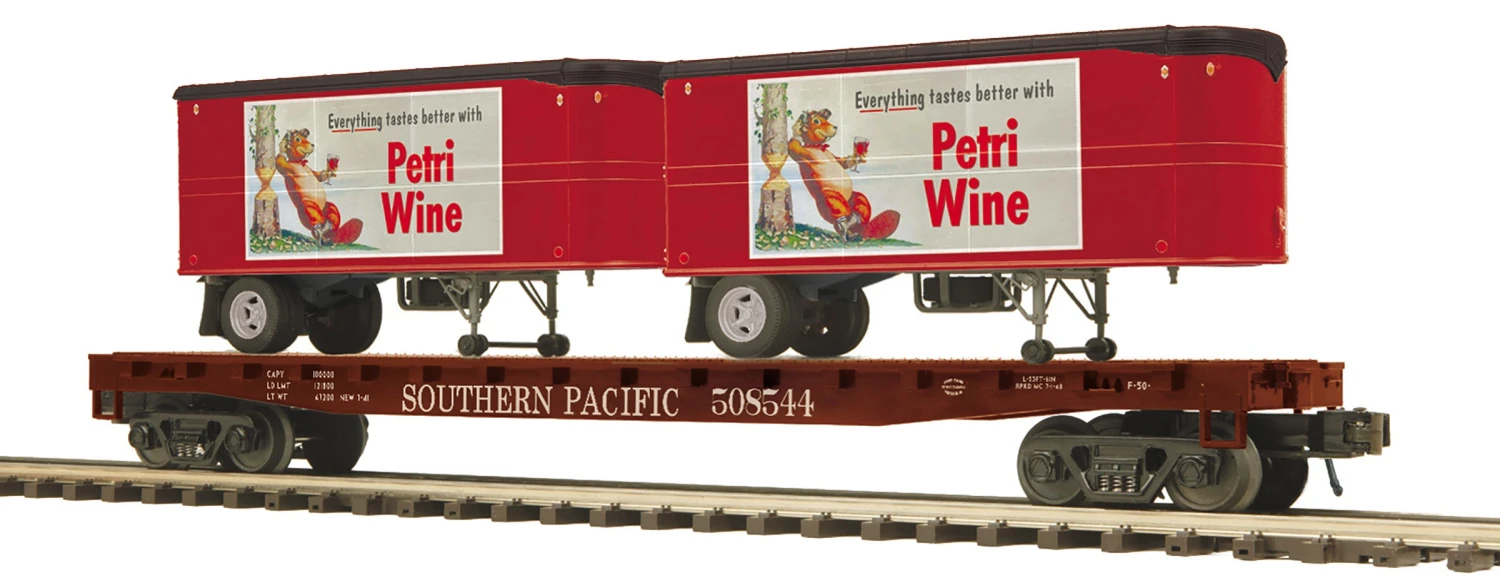 MTH Premier 20-95557 O Scale Southern Pacific SP Flatcar With Petri Wine Pup Trailers 1 MTH Premier 20-95557 O Scale Southern Pacific SP Flatcar With Petri Wine Pup Trailers