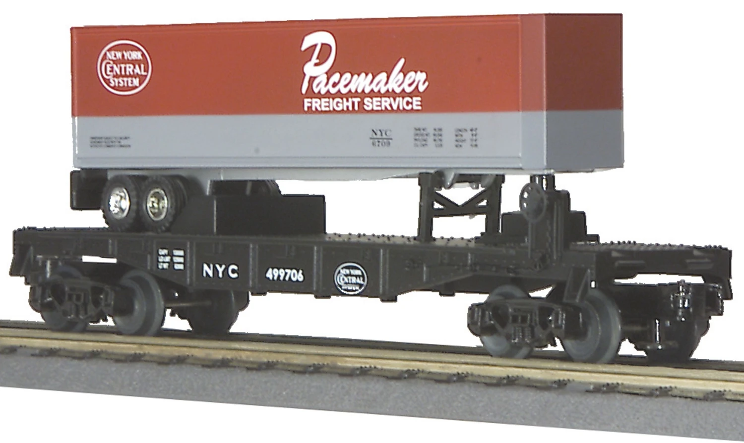 MTH Railking 30-7608 O Gauge NYC 499706 Flatcar With Pacemaker Trailer - NOS 1 MTH Railking 30-7608 O Gauge NYC 499706 Flatcar With Pacemaker Trailer - NOS